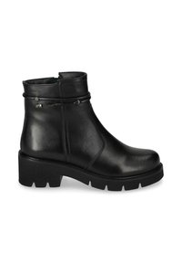 Stivaletti neri in pelle, con punta arrotondata, tacco basso a blocco, fascia decorativa laterale e finitura texture. Sole in gomma robusto con battistrada.