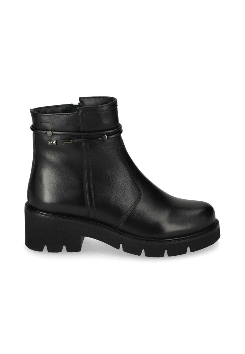 Stivaletti neri in pelle, con punta arrotondata, tacco basso a blocco, fascia decorativa laterale e finitura texture. Sole in gomma robusto con battistrada.