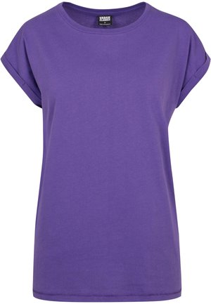 T-shirt di cotone viola con colletto tondo e maniche corte arrotolate. Tessuto morbido e vestibilità rilassata, con orlo dritto.
