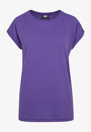 Lila Baumwoll-T-Shirt mit Rundhalsausschnitt und kurzen, aufgerollten Ärmeln. Geschmeidige Textur und lockere Passform mit geradem Saum.