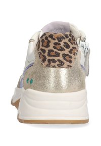 Sneaker with a leopard print heel, metallic gold accents, white mesh, light blue details, and a textured sole. Adjustable strap on the side.