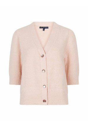 Lichtroze kort mouw vest met V-hals, geribbelde manchetten en zoom, en vier knopen aan de voorkant in het midden.