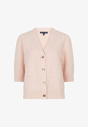 Lichtroze kort mouw vest met V-hals, geribbelde manchetten en zoom, en vier knopen aan de voorkant in het midden.