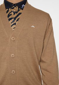 Brun cardigan med v-ringning, utrustad med tre knappar och en vit logotyp på vänster bröst. Underneath finns en mönstrad skjorta med svart krage.