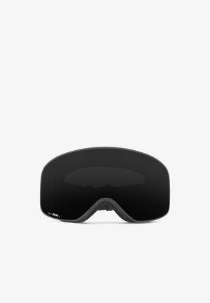 Ski goggles with a large, curved black lens, foam padding around the frame, and a minimalist design. Sturdy yet lightweight materials used.