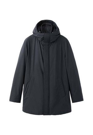 Schwarzer, isolierter Mantel mit Kapuze, verfügt über einen Reißverschluss vorne, zwei Seitentaschen und eine gerade Passform. Hergestellt aus glattem, strapazierfähigem Material.