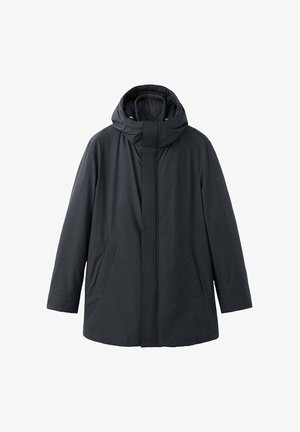 Schwarzer, isolierter Mantel mit Kapuze, verfügt über einen Reißverschluss vorne, zwei Seitentaschen und eine gerade Passform. Hergestellt aus glattem, strapazierfähigem Material.