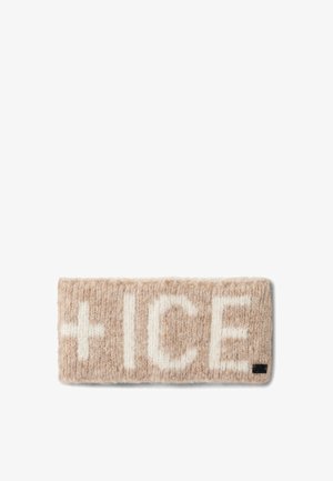 Strickhaarband aus weicher beige Wolle mit weißem "ICE"-Text. Strukturierte Oberfläche, breites Design und kleines schwarzes Markenlabel an einer Kante.