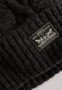 Black knitted beanie with ribbed texture and a woven patch. Patch features a logo with horses and text, indicating brand and quality.