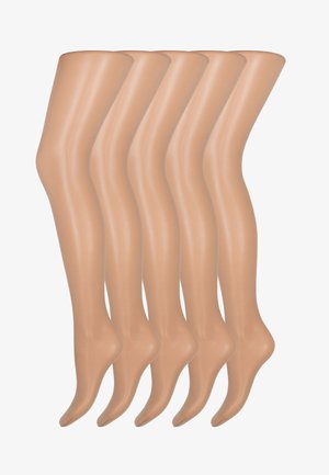 Nude-farvede strømpebukser vist i en række; glat tekstur, gennemsigtig finish og et tætsiddende design med forstærket tå.