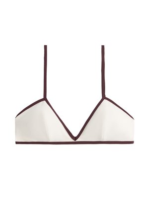 White triangular bralette with thin brown straps and brown trim along edges and bottom band, displayed on a plain white background.
