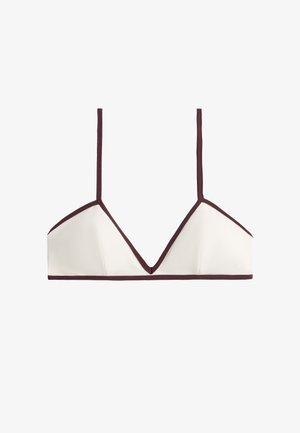 White triangular bralette with thin brown straps and brown trim along edges and bottom band, displayed on a plain white background.