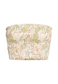 Strapless smocket crop top med tekstureret stof, der har et pastelfarvet blomstermønster i grøn, fersken og hvide nuancer.