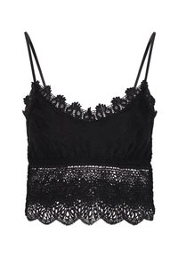 Mustassa pitsibralette, jossa on säädettävät hihnat, ja kukkapitsein koristeltu kaulus sekä aaltoileva pitsireuna. Pehmeä teksturoitu kangas.