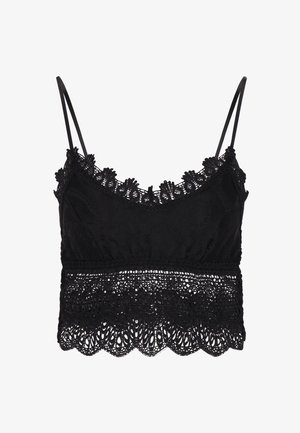 Bralet negru din dantelă cu bretele ajustabile, având dantelă florală pe de-a lungul liniei gâtului și un tiv dantelat. Material moale cu textură.