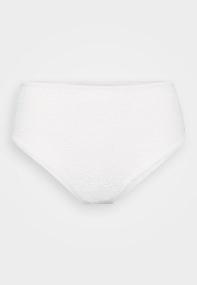 White high-waisted bikini bottom with textured fabric, smooth finish, and wide sides for coverage. Suitable for swimwear use.