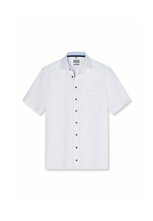 Weißes Herrenhemd mit kurzen Ärmeln und Knöpfen, mit blau gemustertem Innenkragen und schwarzen Knöpfen, mit einer linken Brusttasche.