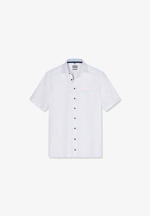 Wit herenoverhemd met korte mouwen en knopen, met een blauwe patroon aan de binnenkraag en zwarte knopen, met een borstzak aan de linkerkant.