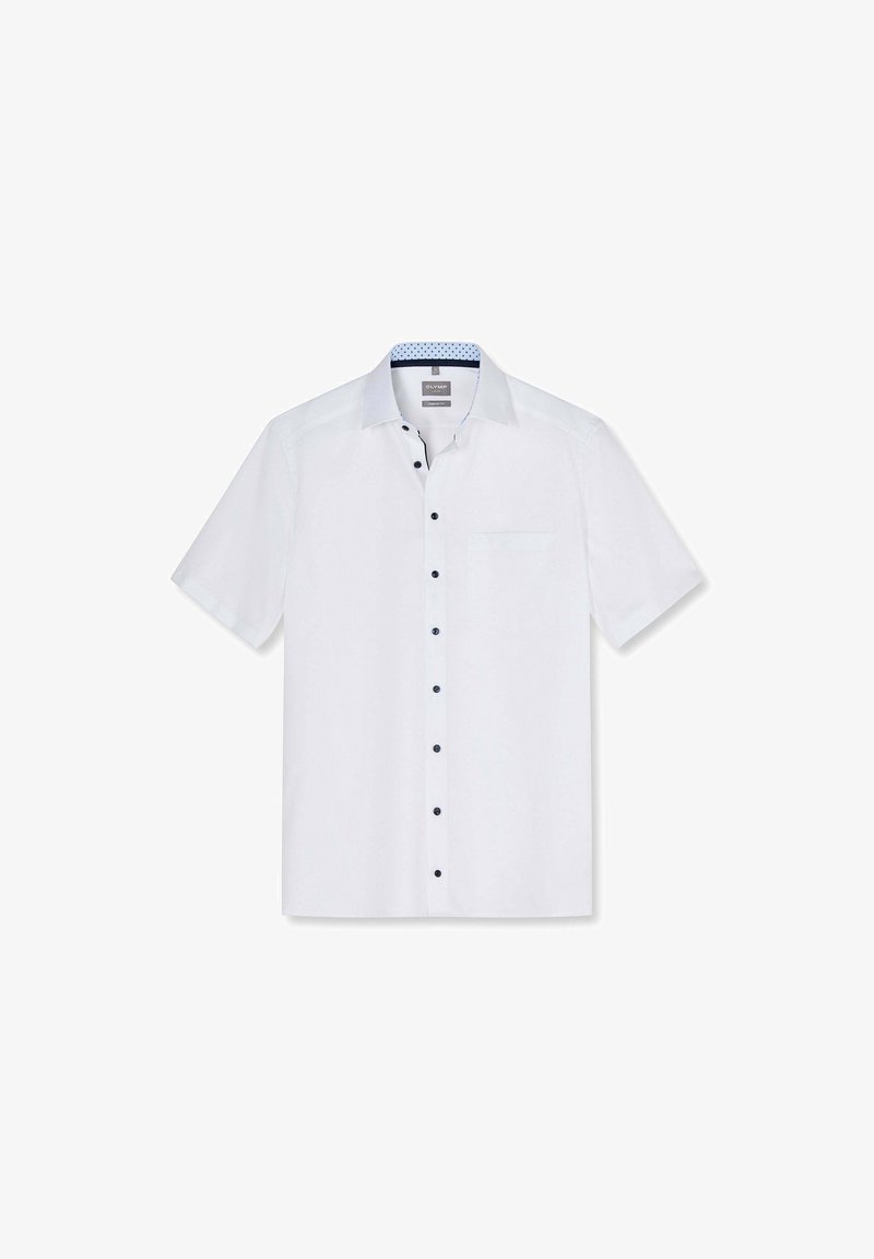 Chemise blanche pour homme à manches courtes, boutonnée, avec un col intérieur à motif bleu et des boutons noirs, avec une poche poitrine gauche.