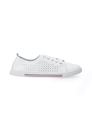 White sneaker with perforated upper, round toe, and lace-up closure. Features a textured surface and a striped accent along the sole.
