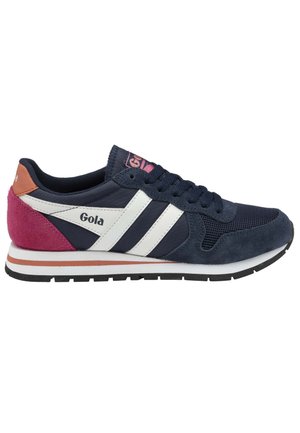 Navy blue and pink Gola sneaker with white stripes, black laces, mesh and suede panels, and a black and white rubber sole.