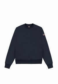 Navyblauwe sweatshirt met een ronde hals, ribbelboorden en een elastische tailleband. Heeft een klein rond logo op de linkermouw. Soepele textuur.