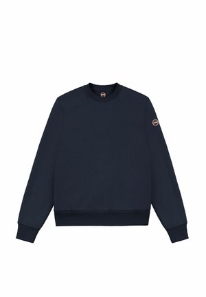 Navyblauer Sweatshirt mit rundem Ausschnitt, gerippten Bündchen und Saum. Verfügt über ein kleines rundes Logo auf dem linken Ärmel. Glatte Textur.