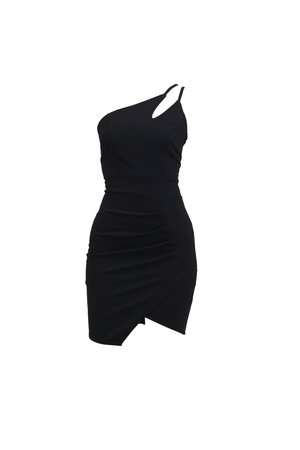 Črna obleka z enim ramenom, z izrezom, oprijetega kroja, gubanega videza in asimetričnim robom. Narejena iz elastičnega materiala.