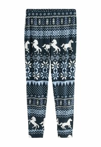 Leggings in navy and light blue with a knit pattern featuring white horses, geometric shapes, trees, and snowflakes. Elastic waistband.