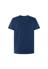 Marinblå bomulds t-shirt, rund hals, korte ærmer, glat tekstur, enkel design uden mønstre eller grafik.