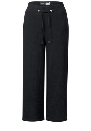Lockere schwarze, verkürzte Hosen aus strukturiertem Stoff, mit einem verstellbaren Kordelzugbund und seitlichen Taschen.