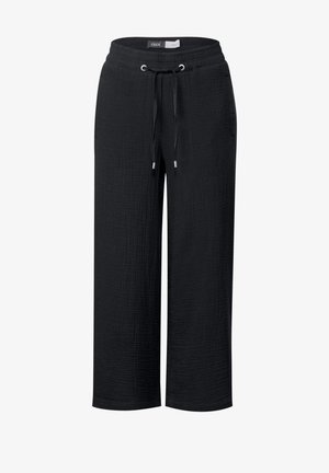 Lockere schwarze, verkürzte Hosen aus strukturiertem Stoff, mit einem verstellbaren Kordelzugbund und seitlichen Taschen.