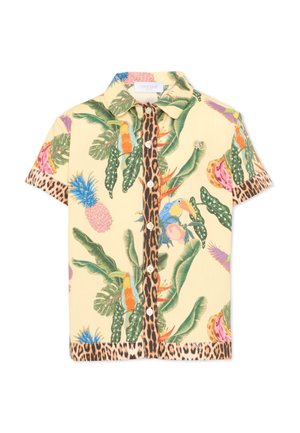 Żółta koszula z krótkim rękawem na guziki, z tropikalnym nadrukiem zielonych liści, kolorowych ptaków, ananasów oraz lamówką w panterkę przy kołnierzu i rękawach.