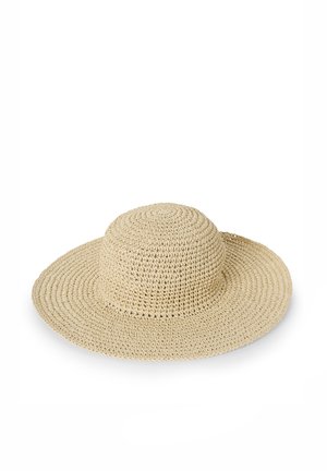 Cappello di paglia a tesa larga in beige naturale, con un design circolare caratterizzato da uno schema intrecciato testurizzato e una corona arrotondata.