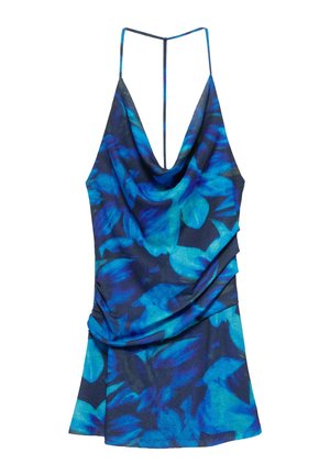 Robe mini sans manches fleurie bleu et noire avec fines bretelles spaghetti et décolleté drapé à col bénitier.