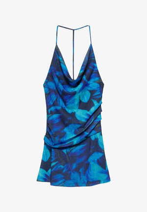 Robe mini sans manches fleurie bleu et noire avec fines bretelles spaghetti et décolleté drapé à col bénitier.