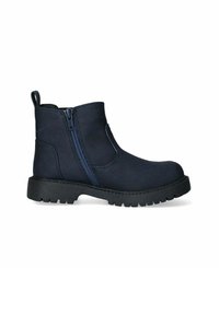 Stivaletti blu navy in materiale liscio, con chiusura a zip laterale e suola nera spessa. Presentano un pratico tassello sul retro.