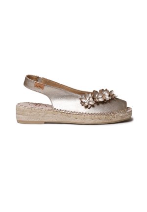 Metalik odprti sandali espadrile z dolgim trakom za peto in tridimenzionalnimi cvetličnimi okraski na zgornjem delu.