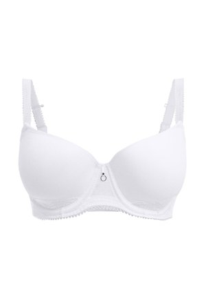 Hvid polstret bh med justerbare stropper, blonder trim og en central dekorativ ring. Glat stof med en sømløs, buet form.