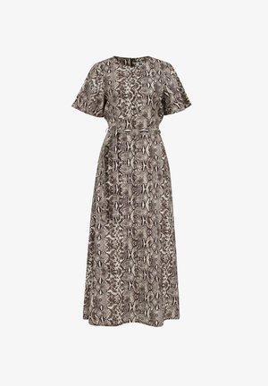 Maxiruha kígyómintás mintával, barna és bézs árnyalatokban, rövid ujjú, kerek nyakkivágású, derékrészen övvel.