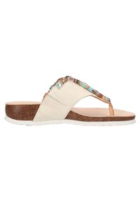 Sandalen mit einem oberen Teil aus beigem Leder, dekorativen mehrfarbigen Akzenten und einer korkähnlichen Zwischensohle. Flachsohldesign, offene Zehenform.
