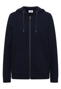 Mørkeblå zip-up hættetrøje med frontlommer, justerbare sort og hvide snore, og et mærke "CECIL" indeni kraven.