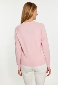 Helles rosa Strickpullover mit rundem Ausschnitt, langen Raglanärmeln und geripptem Saum. Die Textur wirkt weich und glatt.