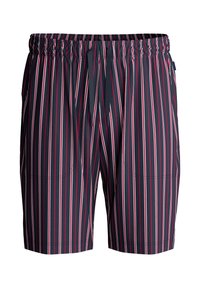 Marine gestreepte shorts met elastische tailleband, trekkoord en twee zijzakken. Voorzien van verticale strepen in rood en wit. Lichtgewicht stof.