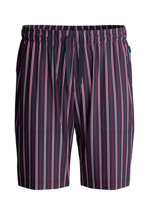 Marine gestreifte Shorts mit elastischem Bund, Kordelzug und zwei Seitentaschen. Vertikale Streifen in Rot und Weiß. Leichter Stoff.