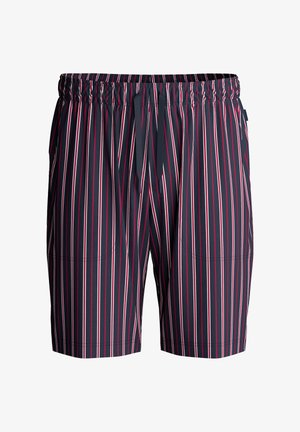 Marine gestreepte shorts met elastische tailleband, trekkoord en twee zijzakken. Voorzien van verticale strepen in rood en wit. Lichtgewicht stof.