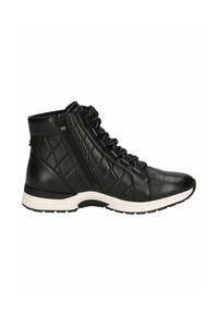 Scarpe alte nere in pelle con un design trapuntato, lacci frontali, zip laterale e suola in gomma bianca.