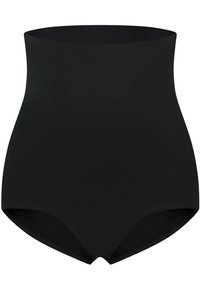 Shapewear nero a vita alta, realizzato in un tessuto liscio e elastico. Design senza cuciture con una finitura opaca e senza hardware o motivi visibili.
