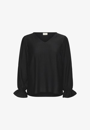 Schwarze Bluse mit V-Ausschnitt, Puffärmeln und weit ausgestellten Manschetten; aus strukturiertem Stoff gefertigt, mit lässiger Passform und subtiler Wasserundurchlässigkeit.