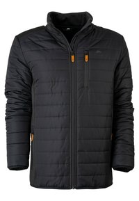 Schwarze isolierte Jacke mit Reißverschluss, gestepptem Muster, hohem Kragen und orangefarbenen Akzenten an den Reißverschlüssen und Taschen. Verfügt über Seitentaschen.